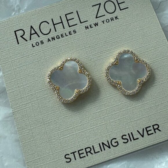 Rachel Zoe Mother of Pearl Sterling Silver 925 Gold Plated Clover Stud Earrings - Picture 7 of 12